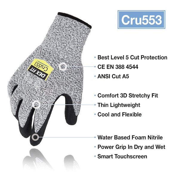 Level 5 Cut Resistant Gloves, 3D-Comfort Fit, Firm Grip, Lightweight, Durable, Grey, Size M 8, 3PK